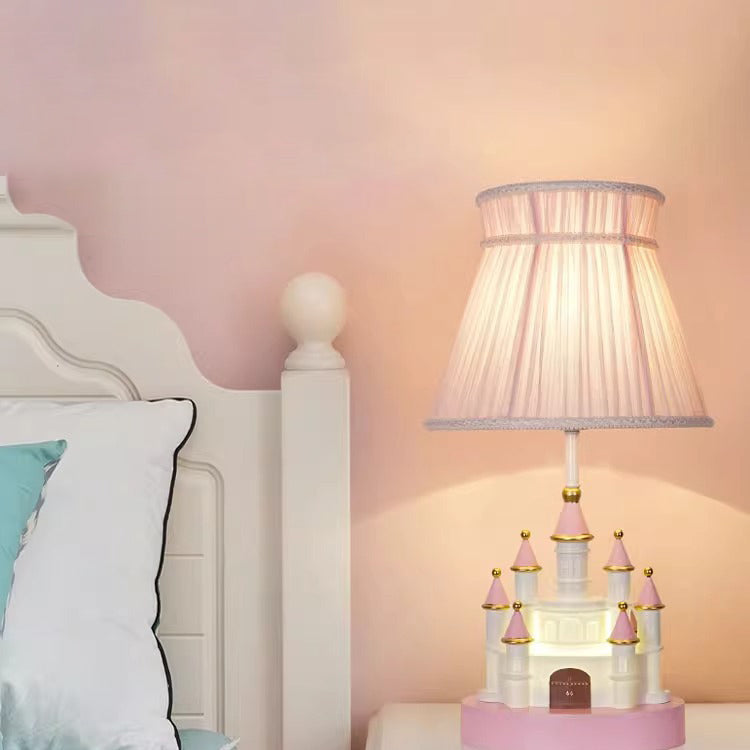 Traditional European Fabric Pink Dream Castle Resin Base 1-Light Table Lamp For Bedroom