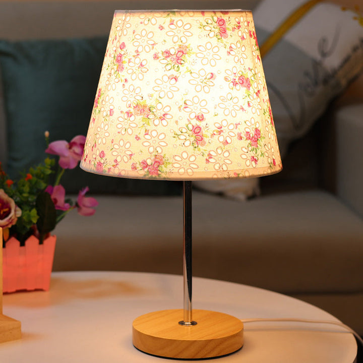 Modern Simplicity Fabric Round Shade Solid Wood 1-Light Table Lamp For Bedroom