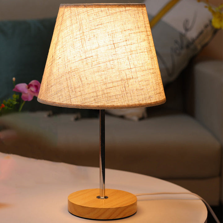 Modern Simplicity Fabric Round Shade Solid Wood 1-Light Table Lamp For Bedroom