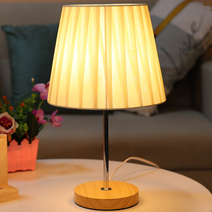 Modern Simplicity Fabric Round Shade Solid Wood 1-Light Table Lamp For Bedroom