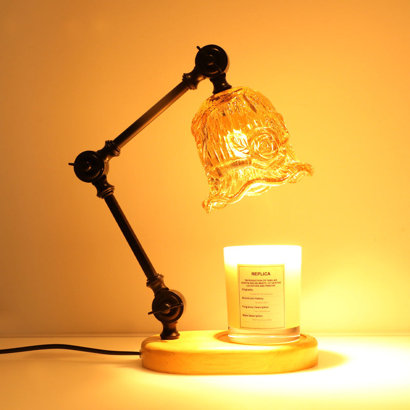 Traditional Rustic Adjustable Iron Lamp Arm Flower Glass Shade 1-Light Melting Wax Table Lamp For Bedroom