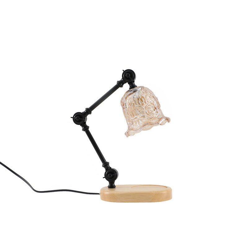 Traditional Rustic Adjustable Iron Lamp Arm Flower Glass Shade 1-Light Melting Wax Table Lamp For Bedroom