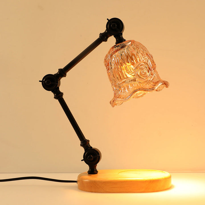 Traditional Rustic Adjustable Iron Lamp Arm Flower Glass Shade 1-Light Melting Wax Table Lamp For Bedroom