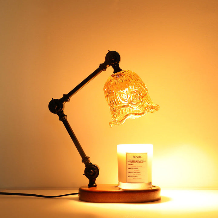 Traditional Rustic Adjustable Iron Lamp Arm Flower Glass Shade 1-Light Melting Wax Table Lamp For Bedroom