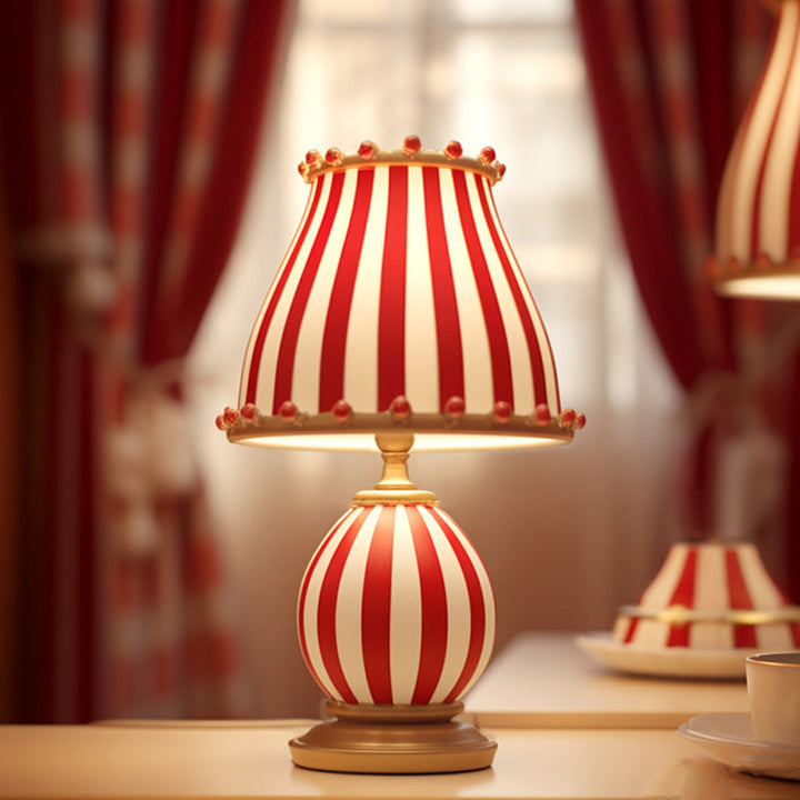 Contemporary Creative Circus Red &amp; White Striped Glass Round Shade Resin Base 1-Light Table Lamp For Bedroom