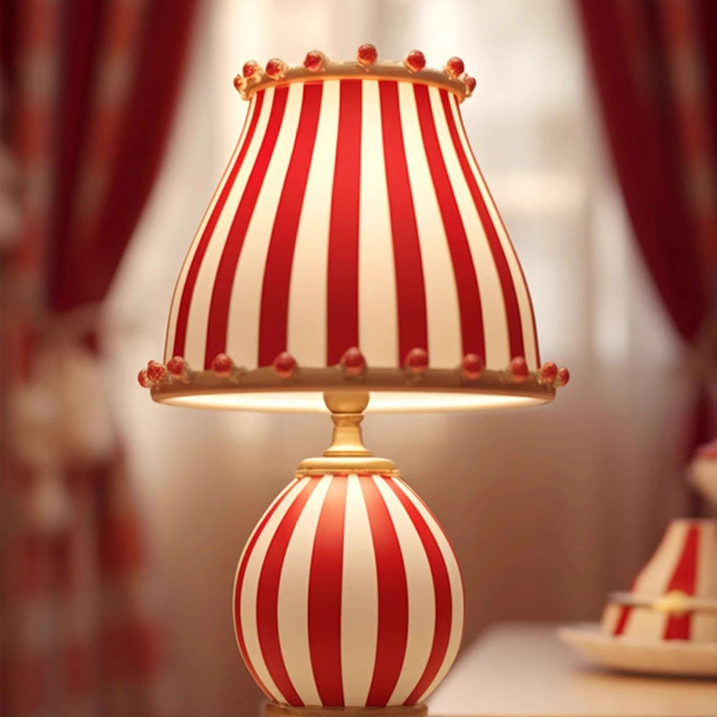 Contemporary Creative Circus Red &amp; White Striped Glass Round Shade Resin Base 1-Light Table Lamp For Bedroom