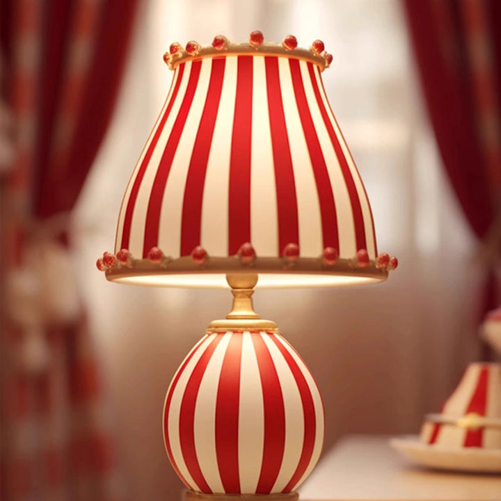 Contemporary Creative Circus Red &amp; White Striped Glass Round Shade Resin Base 1-Light Table Lamp For Bedroom