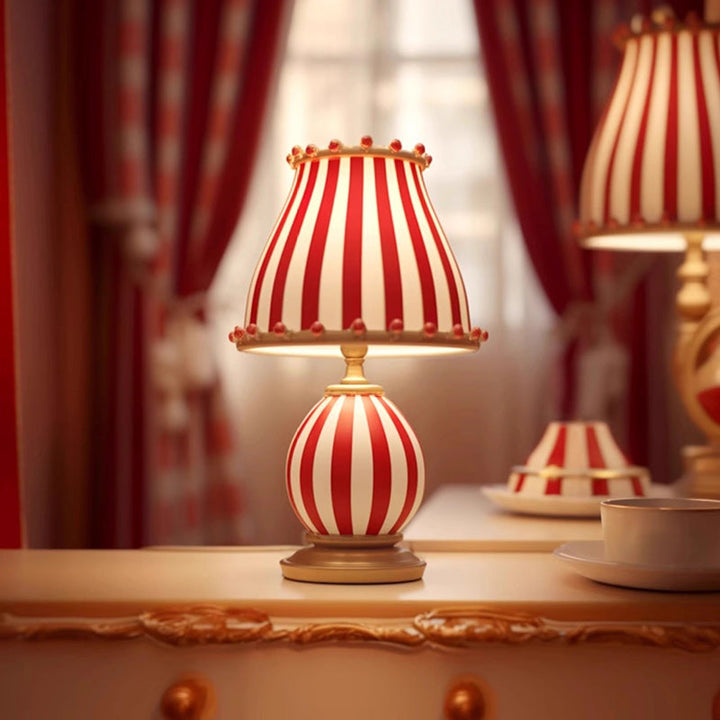 Contemporary Creative Circus Red &amp; White Striped Glass Round Shade Resin Base 1-Light Table Lamp For Bedroom
