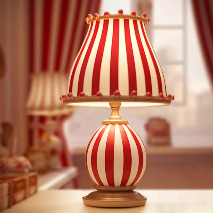 Contemporary Creative Circus Red &amp; White Striped Glass Round Shade Resin Base 1-Light Table Lamp For Bedroom