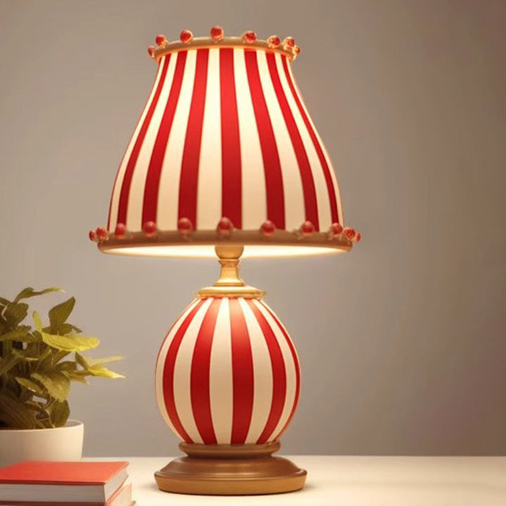 Contemporary Creative Circus Red &amp; White Striped Glass Round Shade Resin Base 1-Light Table Lamp For Bedroom