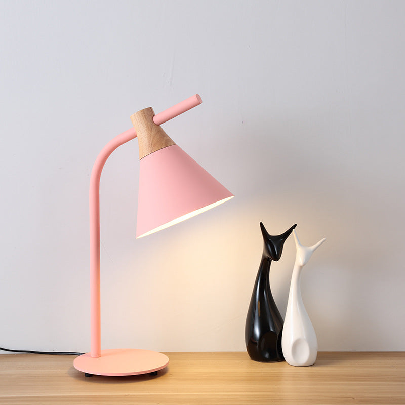 Contemporary Scandinavian Solid Wood Iron Conical Shade 1-Light Table Lamp For Bedroom