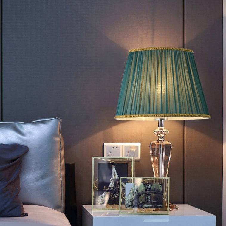 Traditional European Pleated Fabric Round Shade Crystal Base 1-Light Table Lamp For Bedroom