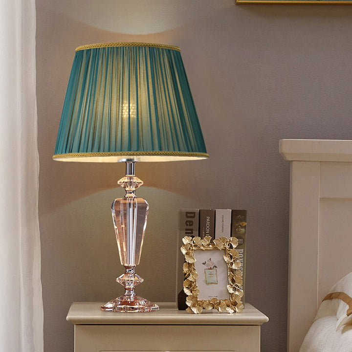 Traditional European Pleated Fabric Round Shade Crystal Base 1-Light Table Lamp For Bedroom