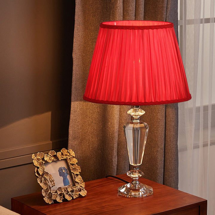 Traditional European Pleated Fabric Round Shade Crystal Base 1-Light Table Lamp For Bedroom