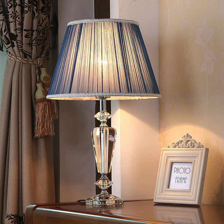 Traditional European Pleated Fabric Round Shade Crystal Base 1-Light Table Lamp For Bedroom