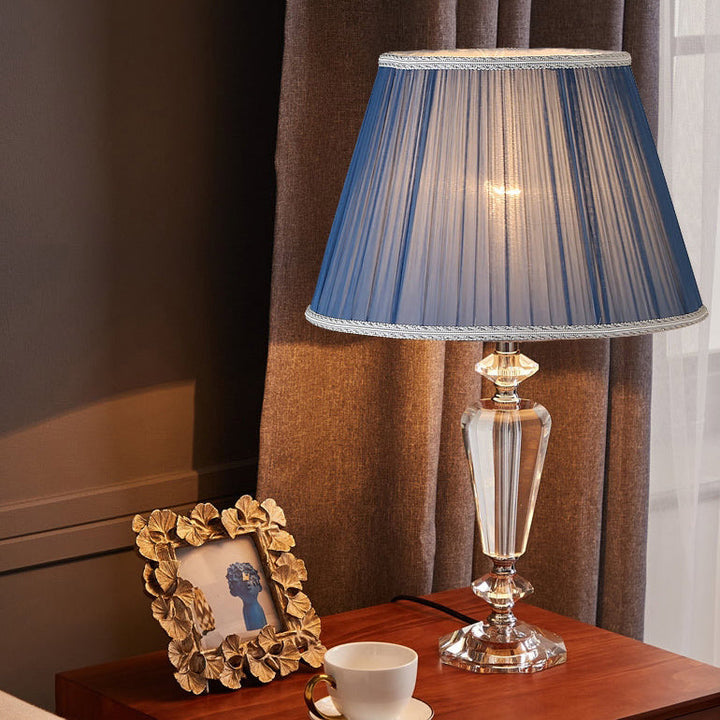 Traditional European Pleated Fabric Round Shade Crystal Base 1-Light Table Lamp For Bedroom