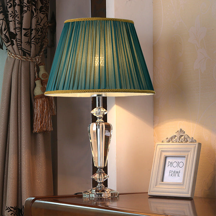 Traditional European Pleated Fabric Round Shade Crystal Base 1-Light Table Lamp For Bedroom