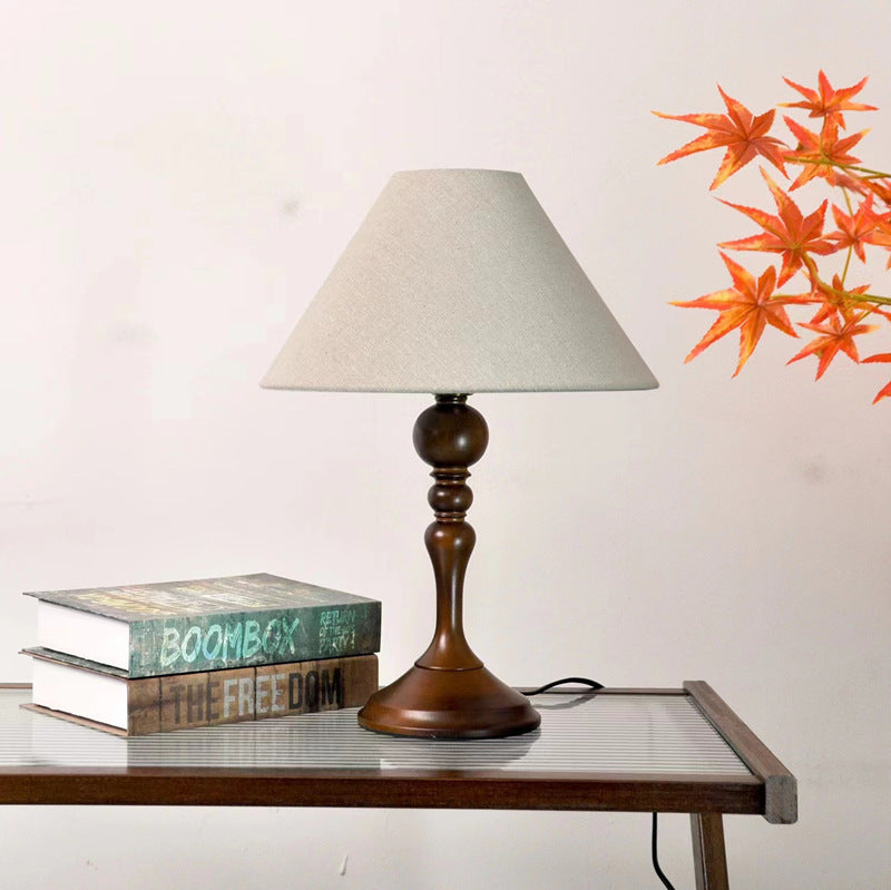 Traditional Vintage Solid Wood Linen Conical Shade 1-Light Table Lamp For Bedroom
