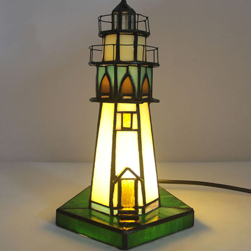 Traditional Tiffany Stained Glass Lighthouse Hardware 1-Light Table Lamp For Bedroom