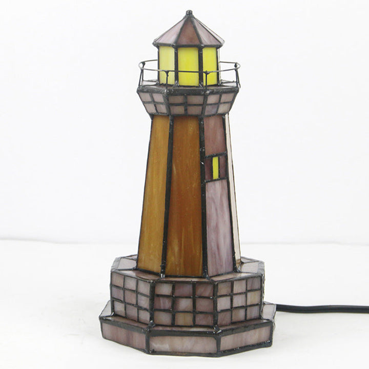 Traditional Tiffany Stained Glass Lighthouse Hardware 1-Light Table Lamp For Bedroom