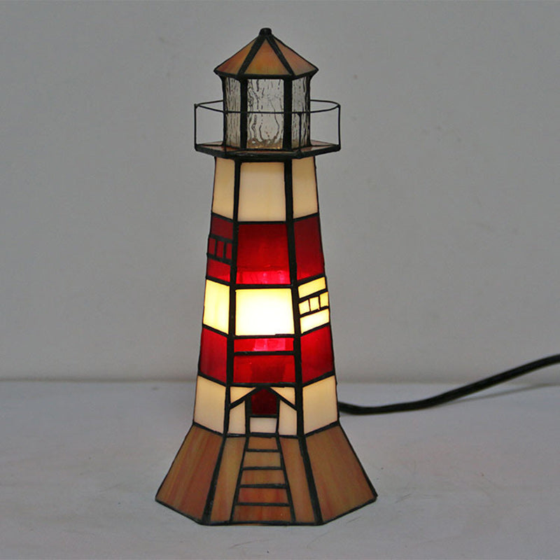 Traditional Tiffany Stained Glass Lighthouse Hardware 1-Light Table Lamp For Bedroom
