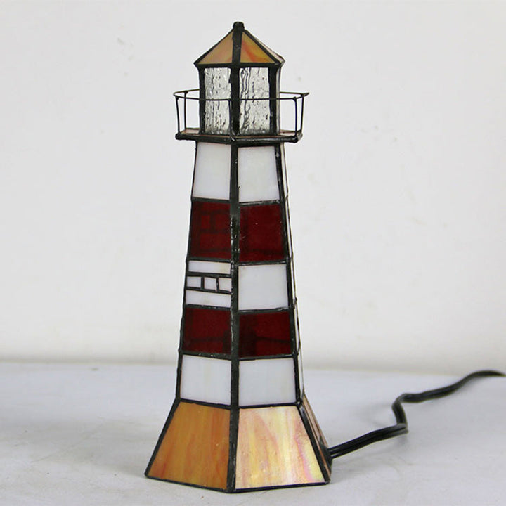 Traditional Tiffany Stained Glass Lighthouse Hardware 1-Light Table Lamp For Bedroom