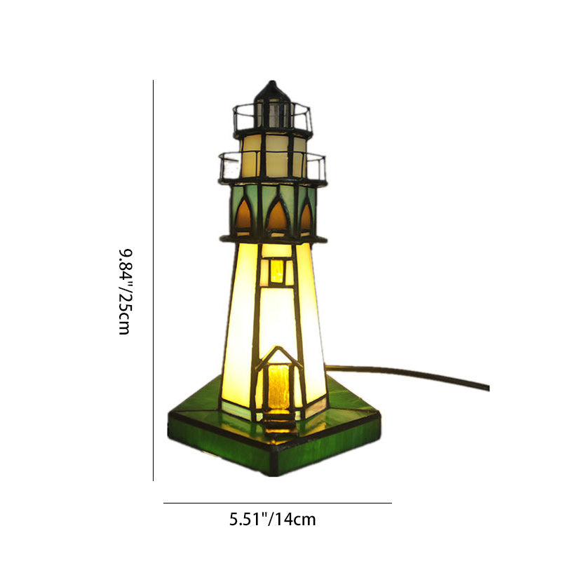 Traditional Tiffany Stained Glass Lighthouse Hardware 1-Light Table Lamp For Bedroom