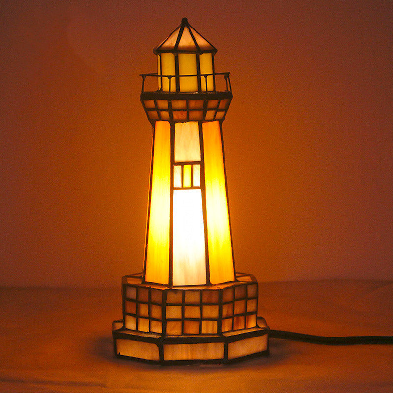 Traditional Tiffany Stained Glass Lighthouse Hardware 1-Light Table Lamp For Bedroom