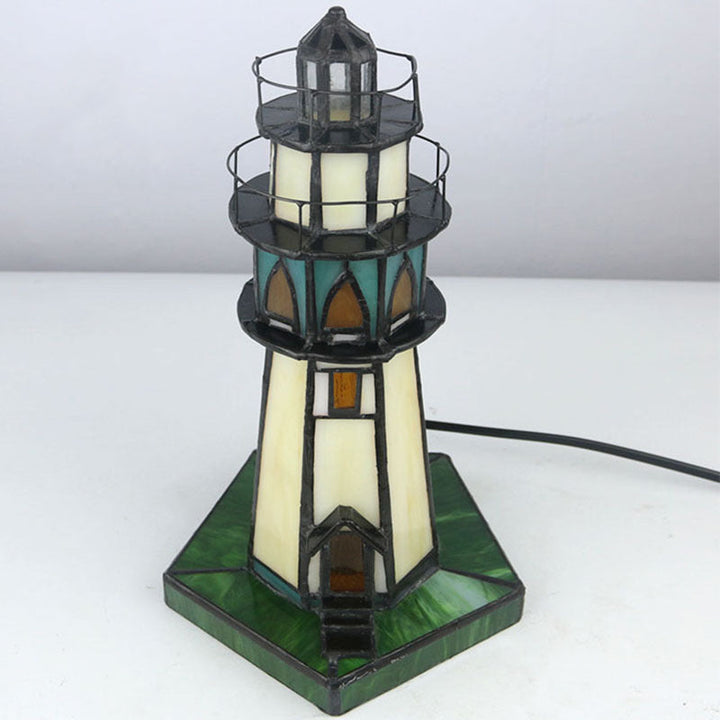 Traditional Tiffany Stained Glass Lighthouse Hardware 1-Light Table Lamp For Bedroom