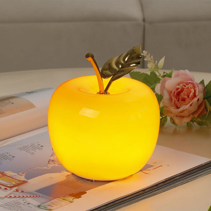Contemporary Creative Apple Glass Shade Iron Golden Leaf Decoration LED Night Light Table Lamp For Bedroom