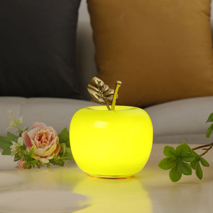 Contemporary Creative Apple Glass Shade Iron Golden Leaf Decoration LED Night Light Table Lamp For Bedroom