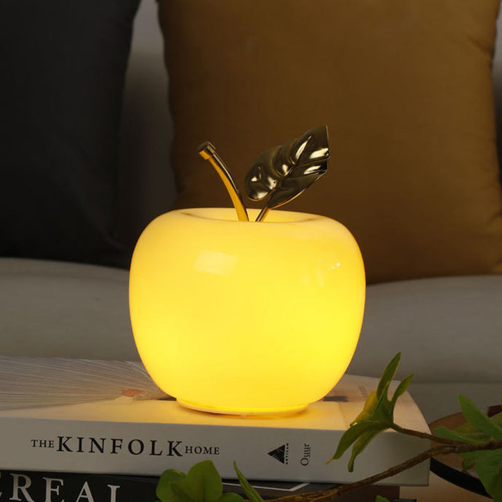 Contemporary Creative Apple Glass Shade Iron Golden Leaf Decoration LED Night Light Table Lamp For Bedroom