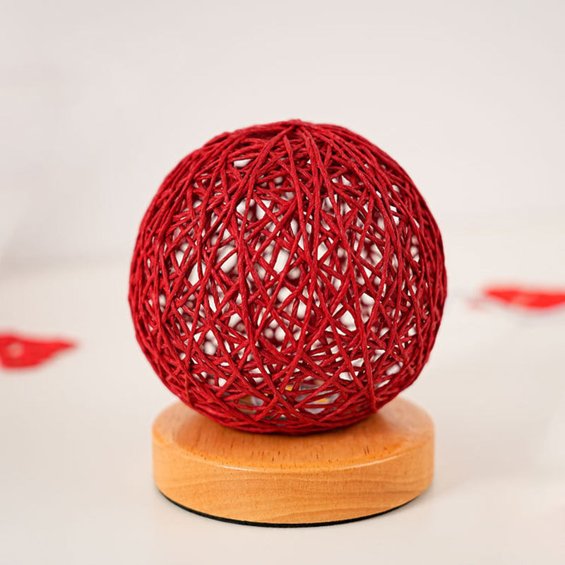 Traditional Chinese Red Rattan Ball Shade LED Night Light Table Lamp For Bedroom