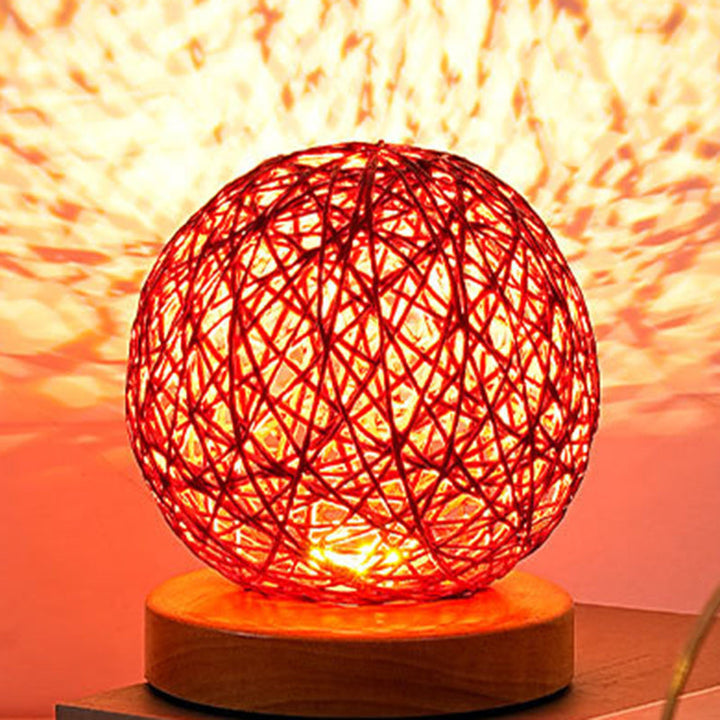 Traditional Chinese Red Rattan Ball Shade LED Night Light Table Lamp For Bedroom