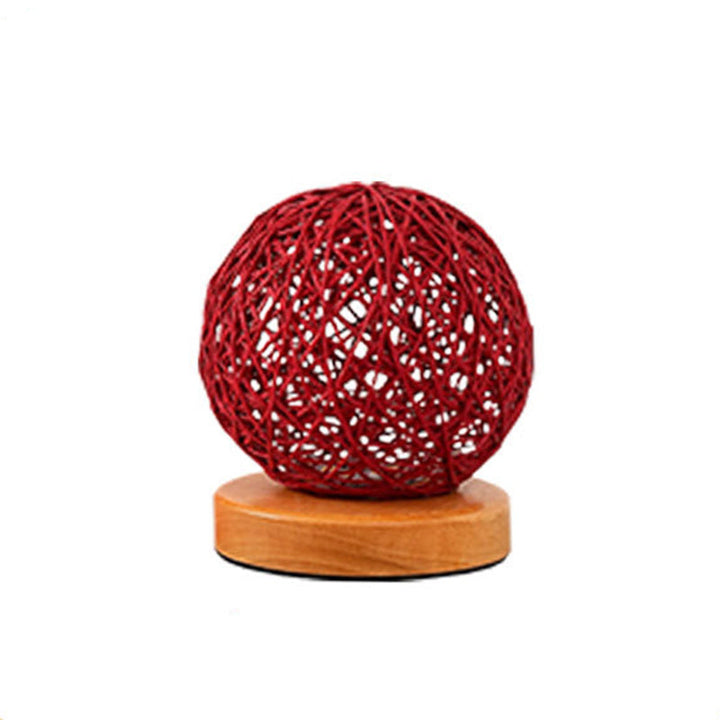 Traditional Chinese Red Rattan Ball Shade LED Night Light Table Lamp For Bedroom