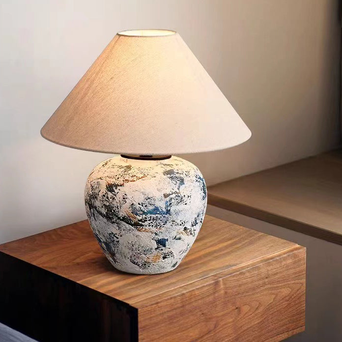 Traditional Japanese Fabric Tapered Shade Handmade Ceramic Jar 1-Light Table Lamp For Bedroom