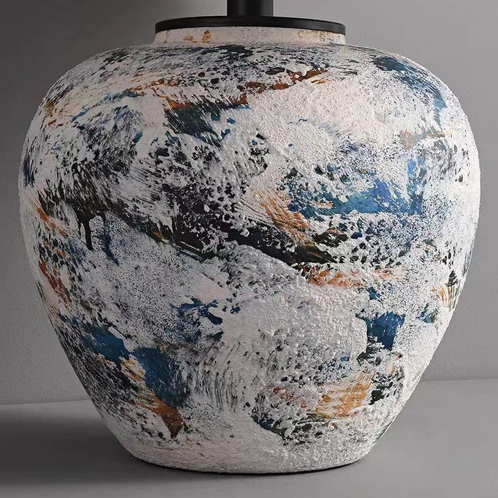 Traditional Japanese Fabric Tapered Shade Handmade Ceramic Jar 1-Light Table Lamp For Bedroom