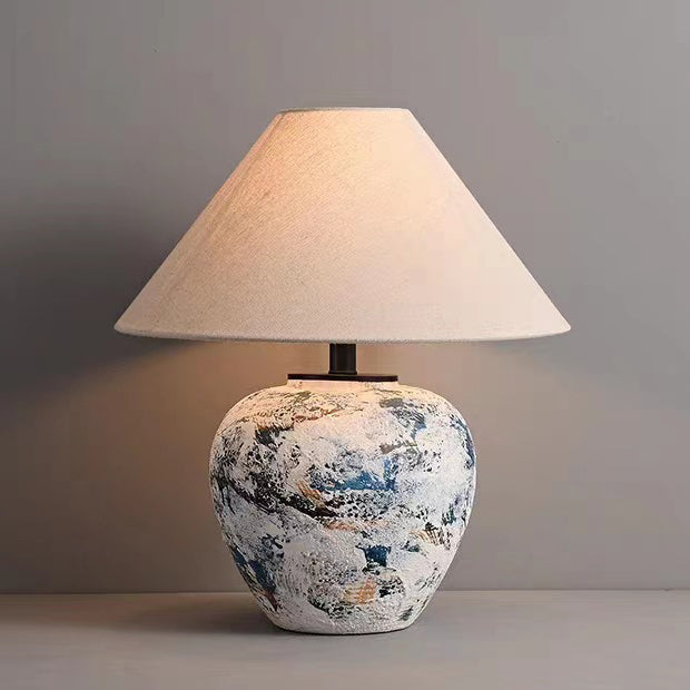 Traditional Japanese Fabric Tapered Shade Handmade Ceramic Jar 1-Light Table Lamp For Bedroom