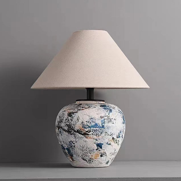 Traditional Japanese Fabric Tapered Shade Handmade Ceramic Jar 1-Light Table Lamp For Bedroom