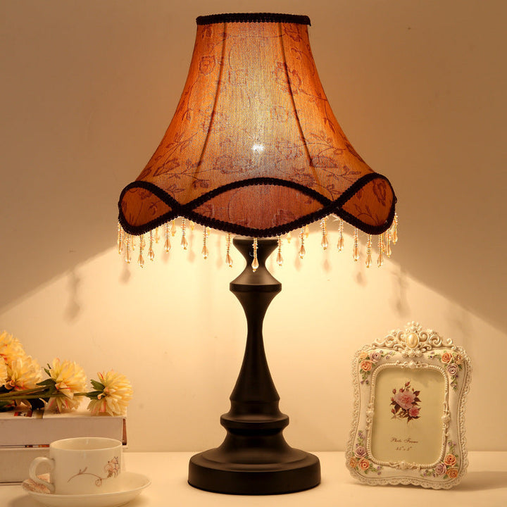 Modern Shabby Chic Flower Pattern Lace Fabric Tassel Round Shade 1-Light Table Lamp For Bedroom