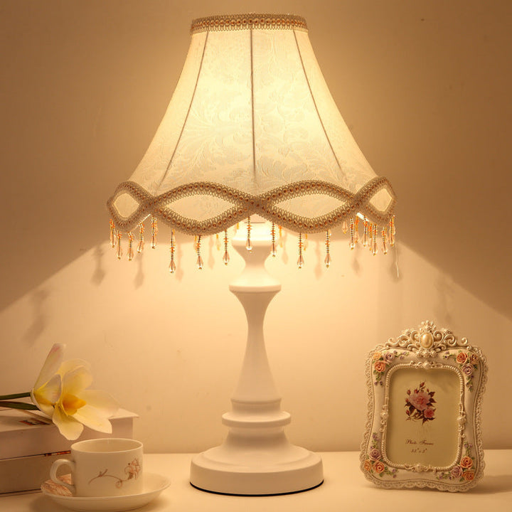 Modern Shabby Chic Flower Pattern Lace Fabric Tassel Round Shade 1-Light Table Lamp For Bedroom