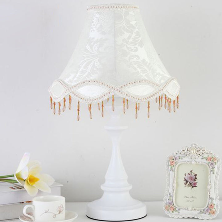 Modern Shabby Chic Flower Pattern Lace Fabric Tassel Round Shade 1-Light Table Lamp For Bedroom