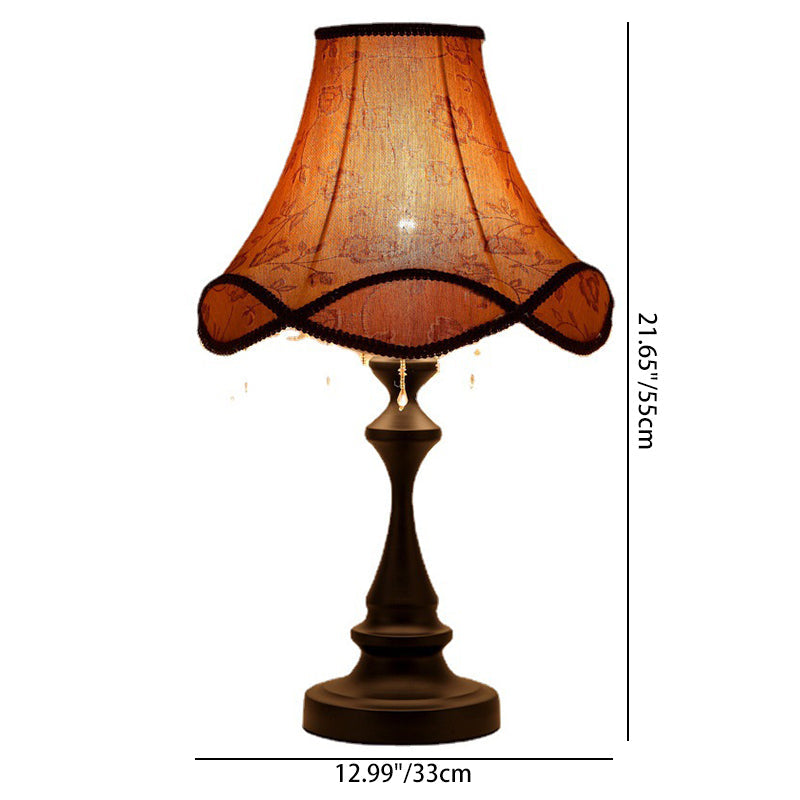 Modern Shabby Chic Flower Pattern Lace Fabric Tassel Round Shade 1-Light Table Lamp For Bedroom