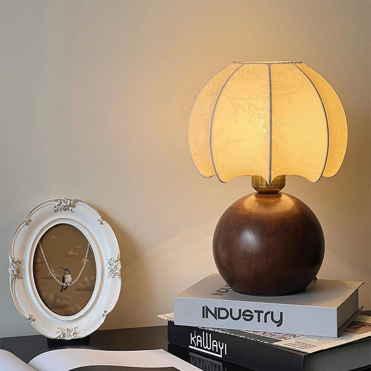 Traditional Vintage Round Oval Wood Fabric 1-Light Table Lamp For Bedroom