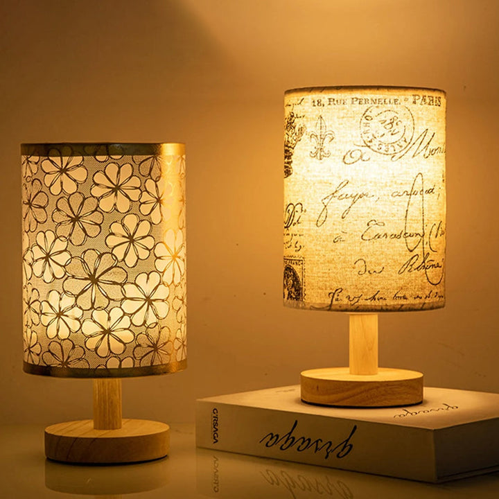 Contemporary Nordic Cylinder Solid Wood Fabric LED Table Lamp For Bedroom