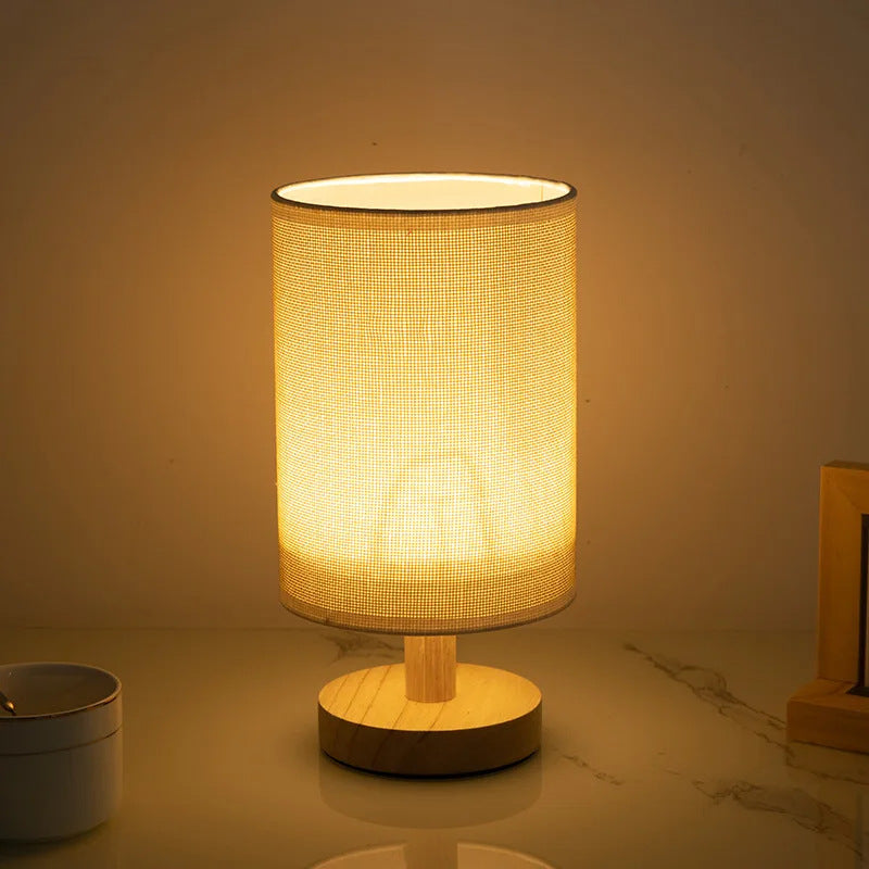 Contemporary Nordic Cylinder Solid Wood Fabric LED Table Lamp For Bedroom