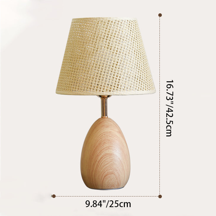 Modern Scandinavian Table Lamp with Iron &amp; Woven Rattan Base and Tapered Shade for Bedroom