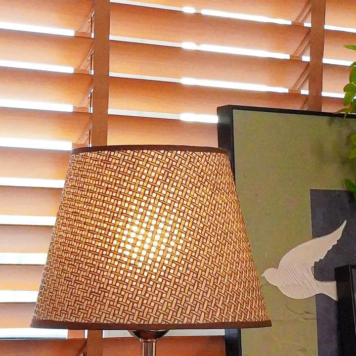Modern Scandinavian Table Lamp with Iron &amp; Woven Rattan Base and Tapered Shade for Bedroom