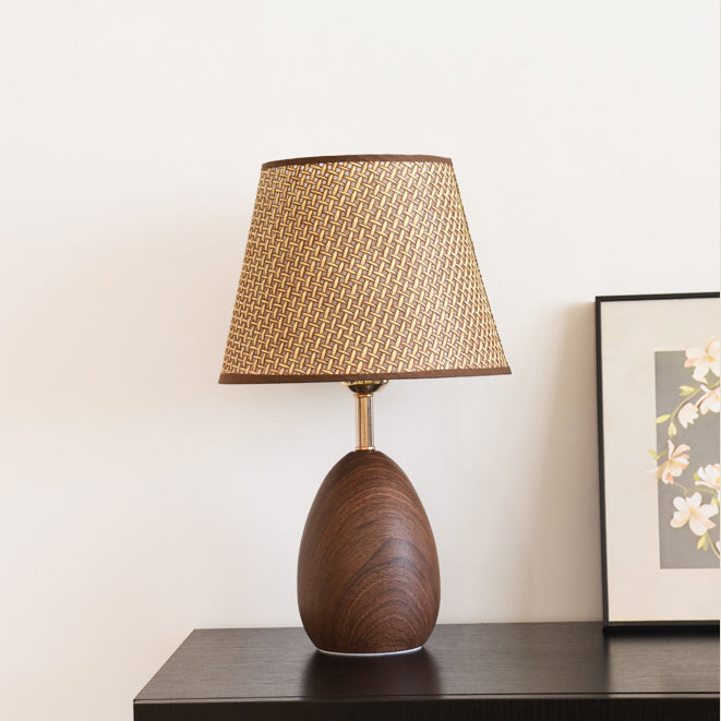 Modern Scandinavian Table Lamp with Iron &amp; Woven Rattan Base and Tapered Shade for Bedroom