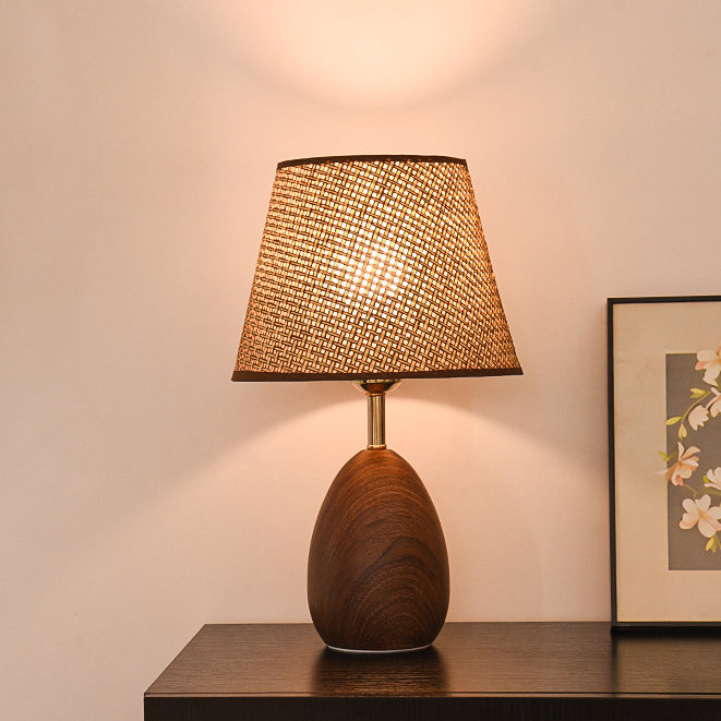 Modern Scandinavian Table Lamp with Iron &amp; Woven Rattan Base and Tapered Shade for Bedroom